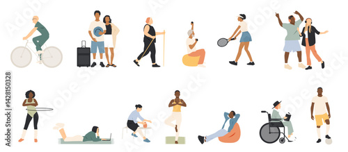 Different people are engaged in various types of leisure and relaxation. Set of different hobbies. Modern design.