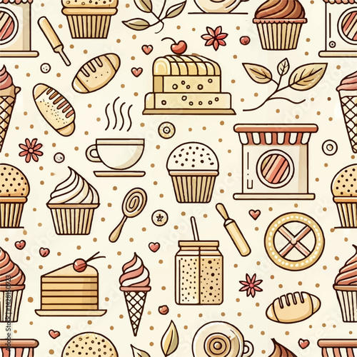 Seamless Pattern of Colorful Desserts and Baked Goods