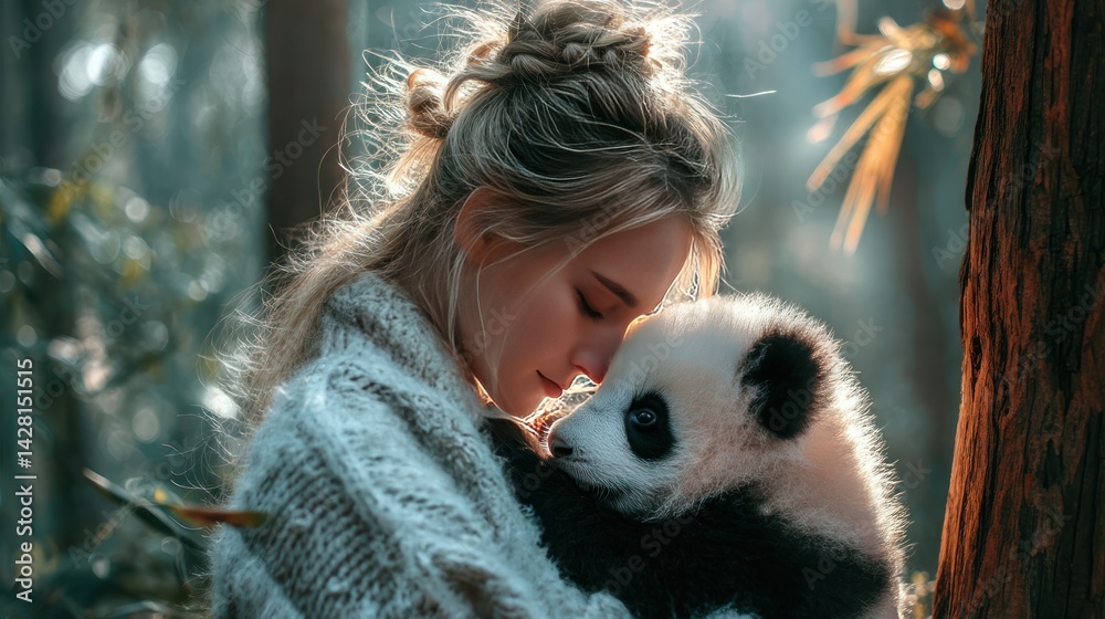 Obraz premium Blonde woman tenderly embraces a panda cub in a forest setting.