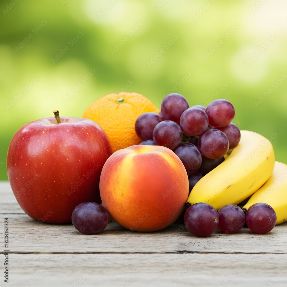 Fresh Fruit Arrangement Red Apple Peach Grapes Banana Orange Wooden Table Fresh Fruit Arrangement Red Apple Peach Grapes Banana Orange Wooden Table