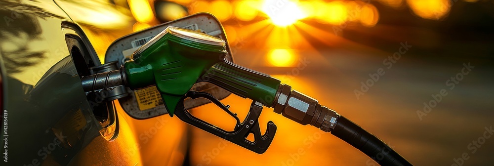 Green Fuel Nozzle Pumping Gasoline Into Car At Sunset Automotive, Fuel Efficiency, Energy