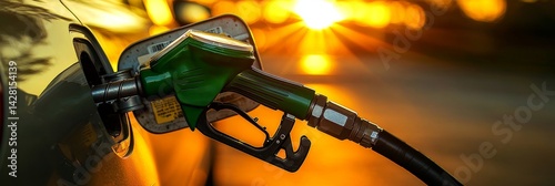 Obraz na płótnie Green Fuel Nozzle Pumping Gasoline Into Car At Sunset Automotive, Fuel Efficiency, Energy w salonie