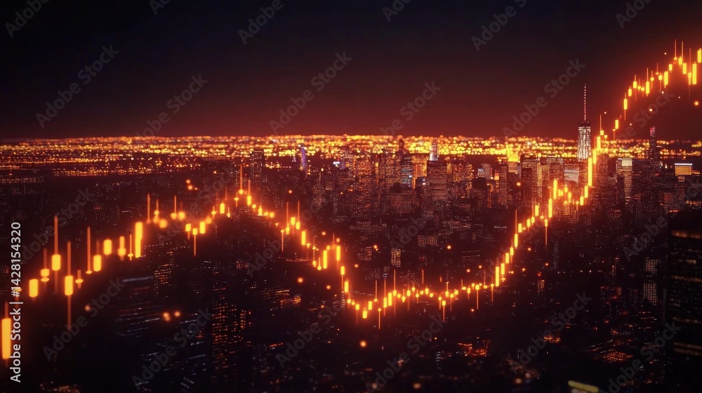 Naklejka premium Nighttime cityscape overlaid with a financial stock chart.