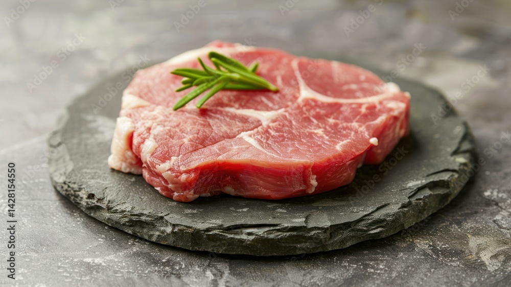 A fresh pork chop garnished with rosemary on a dark slate plate. A fresh pork chop garnished with rosemary on a dark slate plate.