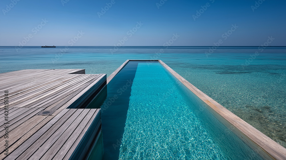 Fototapeta premium Infinity Pool by the Sea: An inviting infinity pool stretches towards the horizon, perfectly mirroring the clear turquoise waters of the ocean.