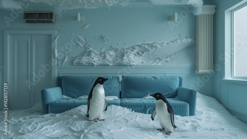 Fototapeta Naklejka Na Ścianę i Meble -  Surreal scene with penguins in a snowy, blue living room.