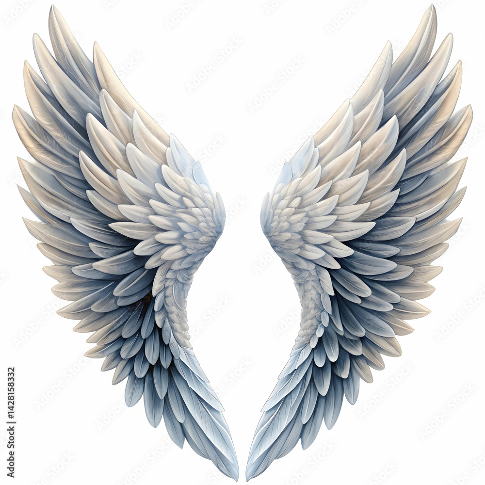 Fototapeta premium Elegant Angel Wing Isolated on White Background, Featuring Soft Feathers,