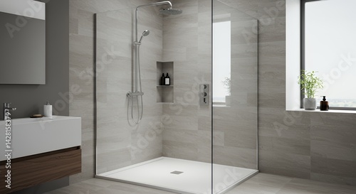 Modern Walk-in Shower with Glass Enclosure and Chrome Fixtures