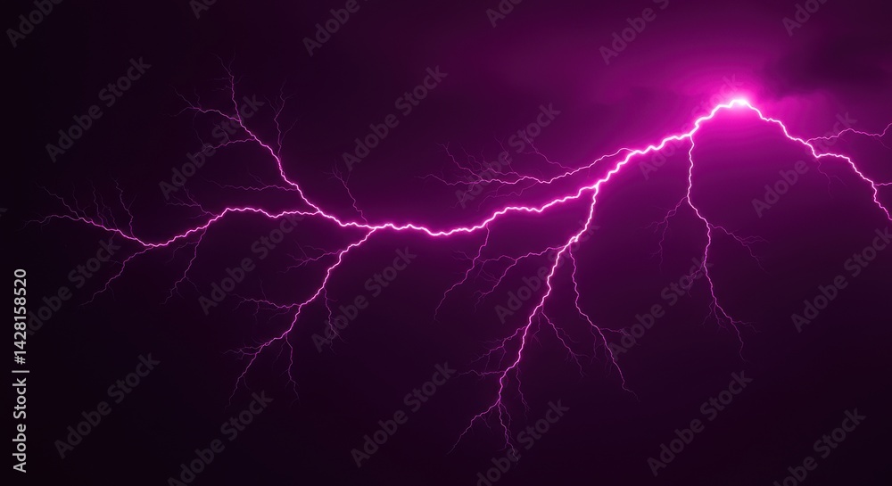 A striking display of pink lightning bolts illuminating the dark night sky with electric energy A striking display of pink lightning bolts illuminating the dark night sky with electric energy