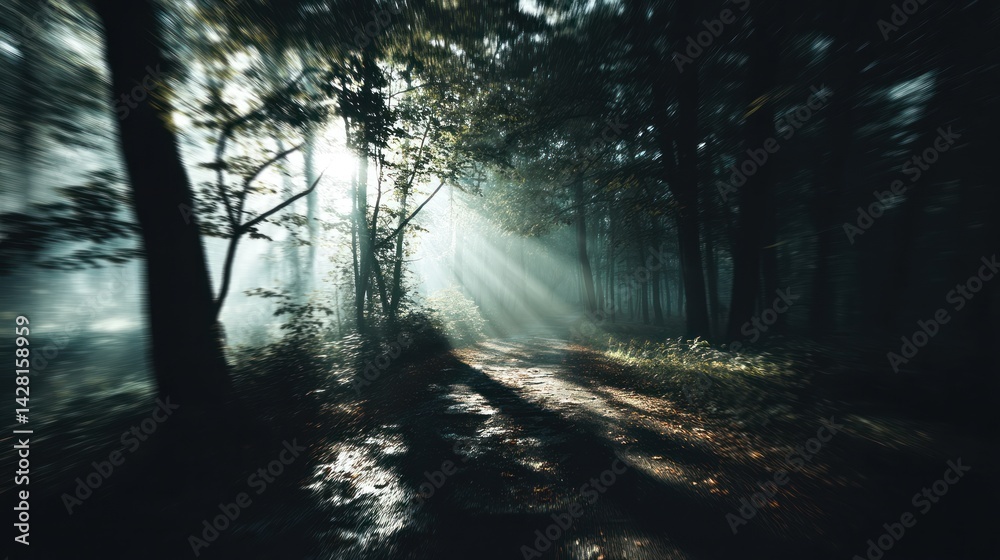 Fototapeta premium Sunlight streams through a misty forest path.