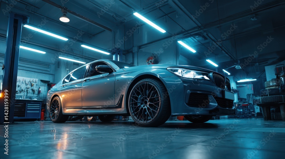 Fototapeta premium Sleek gray car positioned in a modern auto repair garage.
