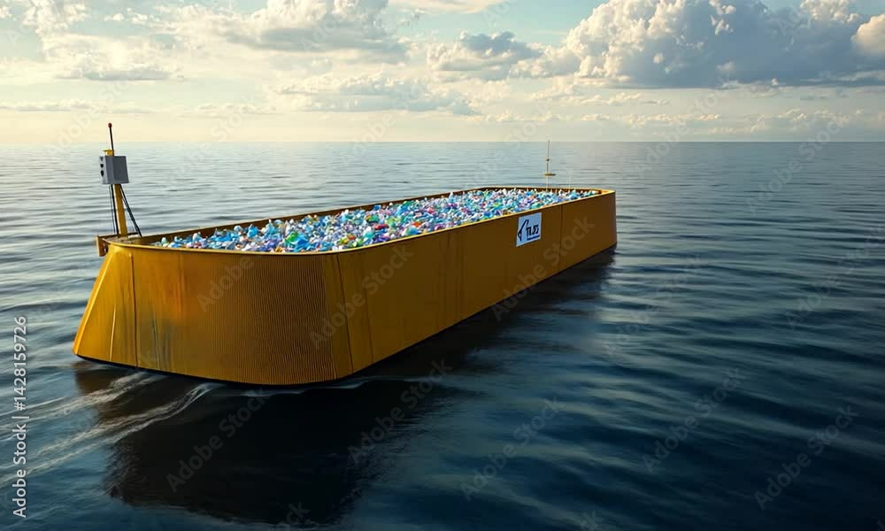 Floating debris collection vessel in calm ocean waters under a cloudy sky, showcasing marine cleanup efforts