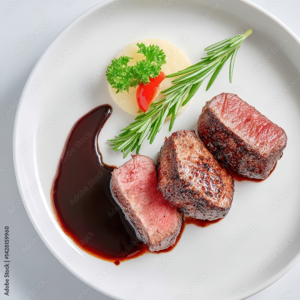 Fine dining plate with lamb medallions, wine reduction, luxury minimal scene Fine dining plate with lamb medallions, wine reduction, luxury minimal scene
