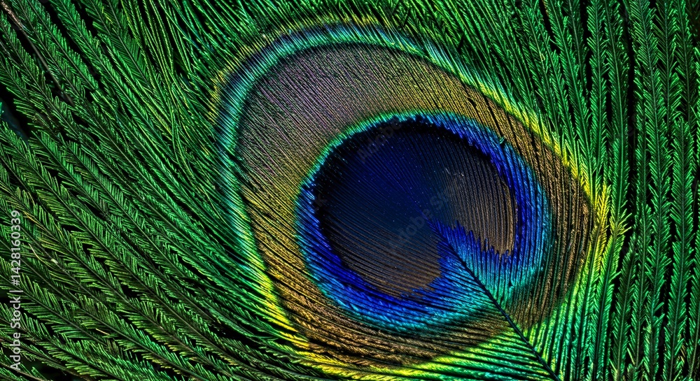 Obraz premium Macro view of iridescent peacock feather pattern