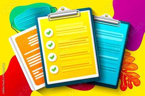 Colorful medical clipboards with checklists on a bright background, importance of healthcare. Clean infographic layout with protective mask, medical checklist, pastel background, modern health design,
