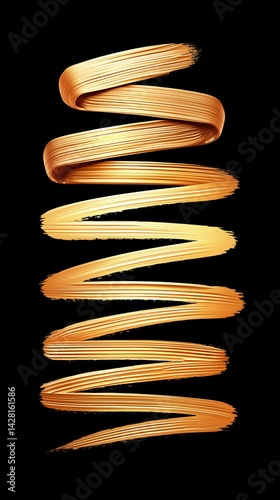 Bronze highlighter swirl isolated on dark background, beauty product presentation. Golden paint swirl and stroke design on black background showcasing texture and color depth during artistic creation