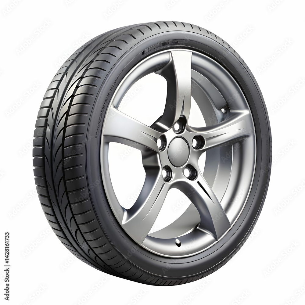 Obraz premium Car Wheel Isolated on White Background, Featuring a Sleek Rim Design and Sturdy Tire