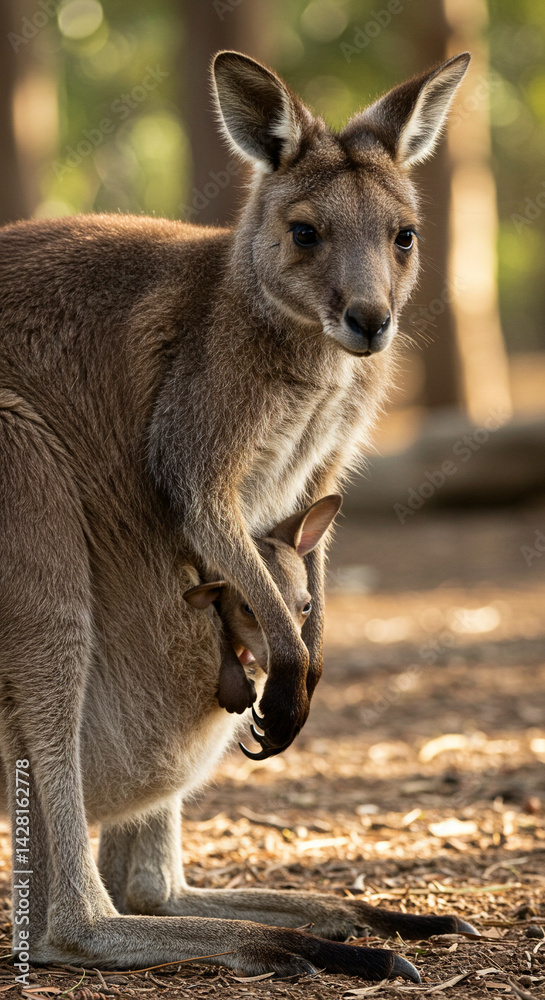 Kangaroo with Joey Standing in Natural Habitat Kangaroo with Joey Standing in Natural Habitat