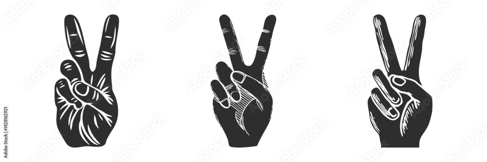Fototapeta premium Peace Hand Gesture Silhouette Set. Symbol Of Victory And Peace In Different Styles. Isolated Vector Illustration Collection