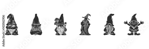Gnome Characters Silhouette Set. Whimsical Garden Decor And Fantasy Theme Isolated Vector Illustration Collection