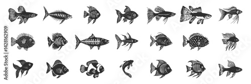 Fish Silhouettes Collection. Diverse Aquatic Species Illustrations For Marine Life Design And Education. Isolated Vector Illustration Collection