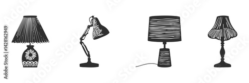 Silhouette Of Diverse Lamp Designs Set. Home Lighting And Decor Concepts Isolated Vector Illustration Collection