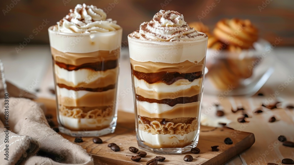 Two layered coffee drinks topped with cream and chocolate. Two layered coffee drinks topped with cream and chocolate.