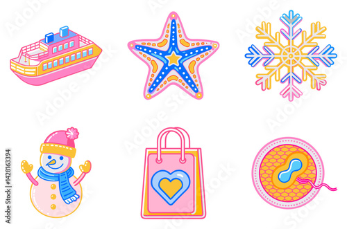 Flat Icons of Cruise Ship, Starfish, Snowflake, Snowman, Shopping Bag, and Fertilization Symbol – Colorful Clipart for Blogs, Educational Graphics, and Holiday Designs