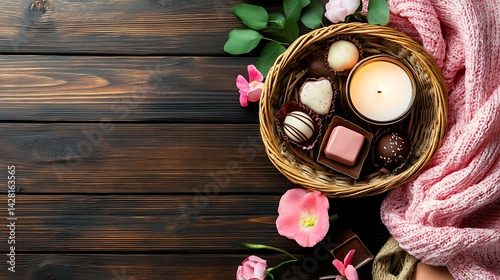 Beautiful Mother's Day gift basket with flowers, candle, and chocolates on rustic wooden table, symbolizing warmth, love, and appreciation in a heartfelt seasonal celebration