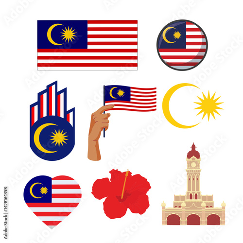 Stickers themed with examples about Malaysia from the flag, Abdul Samad Building (Kuala Lumpur landmark), Islamic religious symbols in Malaysia and others related to Malaysia.