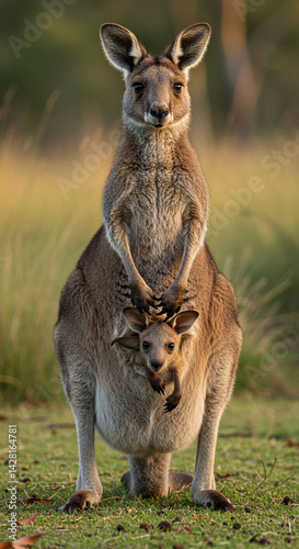 Kangaroo with Joey in Pouch Standing in Grassy Field