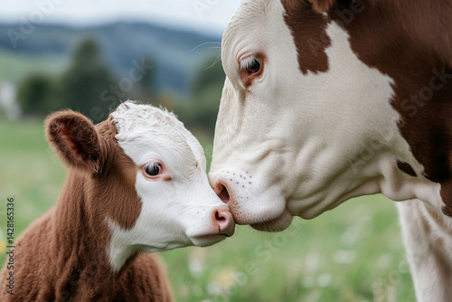 Cow licking her calf, tender motherly moment 