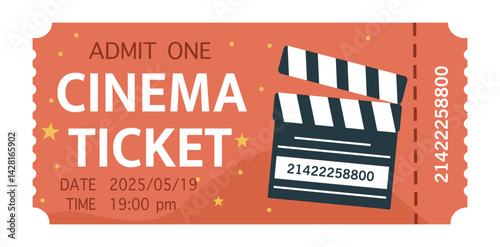 Modern vector flat single movie ticket with date and time in bright palette, simple style