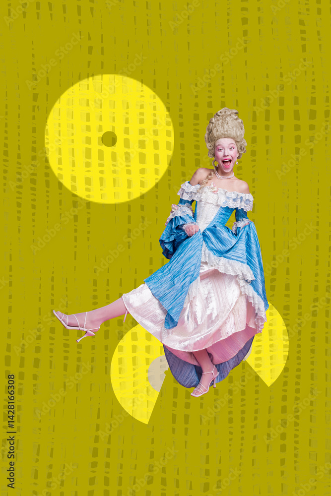 Pop image sketch 3d collage poster of happy duchess girl dance retro party celebration event weekend chill disco occasion
