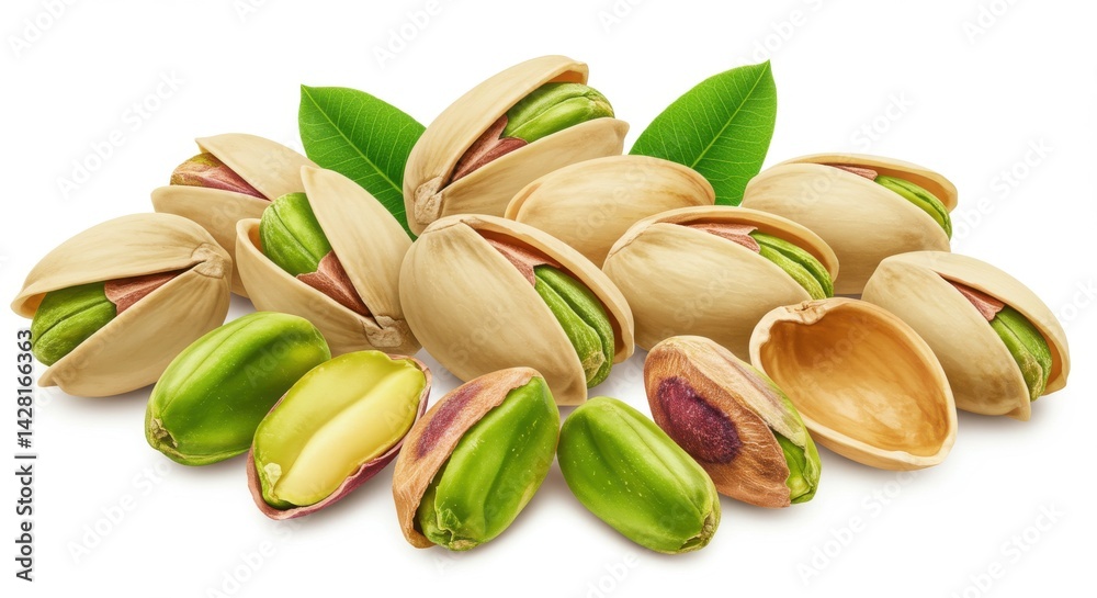 A detailed close up of a pile of pistachios with open shells and green leaves on a white background A detailed close up of a pile of pistachios with open shells and green leaves on a white background