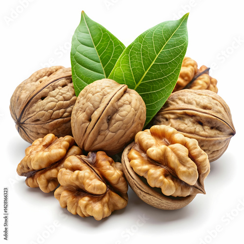 Dried Walnuts with Fresh Green Leaves Isolated on White Background,