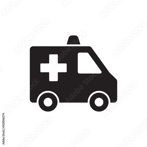 Black and White Icon of an Ambulance with a Cross Symbol Representing Emergency Medical Services, Healthcare, and Urgent Care  Editable Vector Illustration Isolated on a White Background
