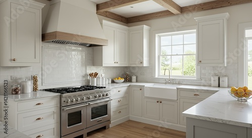 Elegant Farmhouse Kitchen Design: White Cabinets, Wooden Beams, and Stainless Steel Appliances