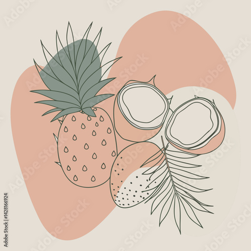 A tropical fruit arrangement with pineapple, mango, dragon fruit, and coconut halves on a palm leaf.