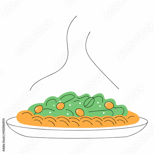 A plate of creamy pasta with basil pesto, parmesan, and cherry tomatoes, served on a white dish.