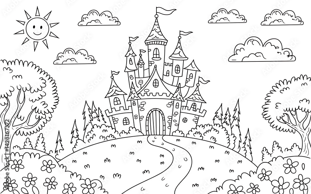 Naklejka premium Enchanted Kingdom Coloring Page Whimsical Castle, Smiling Sun, and Blooming Landscape for Creative Kids' Fun