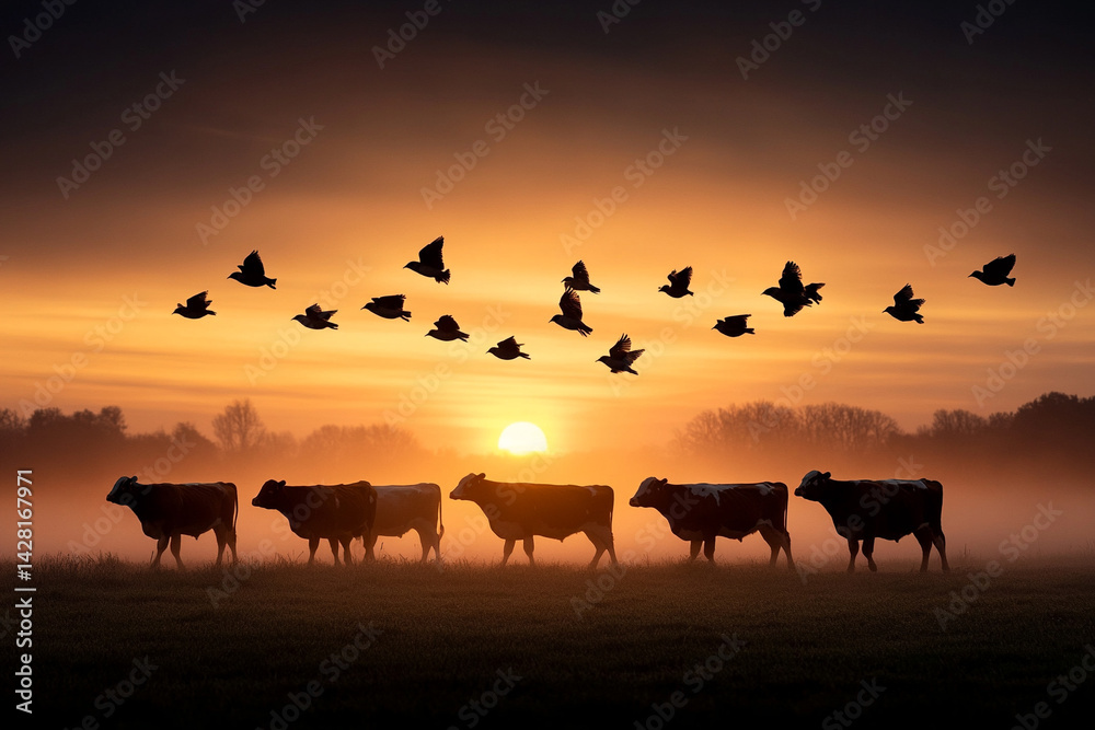 Naklejka premium Flock of birds flying over cattle in sunrise mist