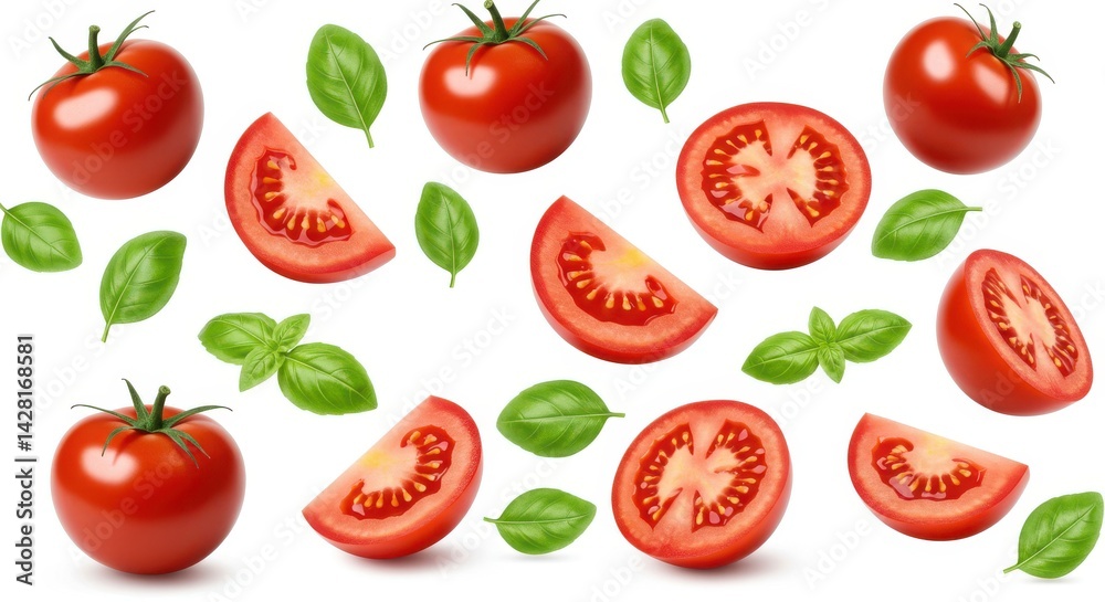 A pattern of fresh tomatoes whole and sliced with basil leaves on a clean white background surface view A pattern of fresh tomatoes whole and sliced with basil leaves on a clean white background surface view