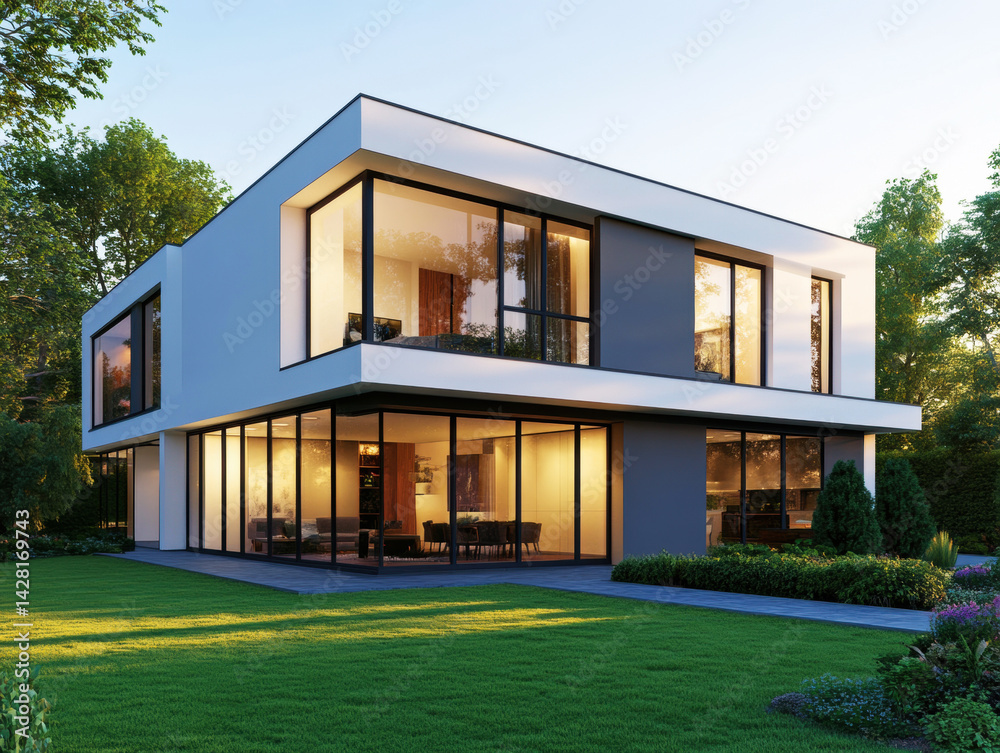 Modern house with large windows and green landscape at sunset Modern house with large windows and green landscape at sunset