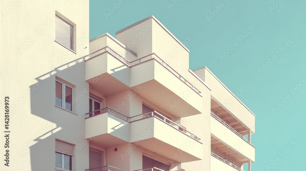 Pastel-toned apartment building facade with geometric balconies. Pastel-toned apartment building facade with geometric balconies.