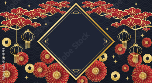 Chinese festival banner with gold lanterns hanging on tree branches with red flowers and gold coins on dark gray pattern background.