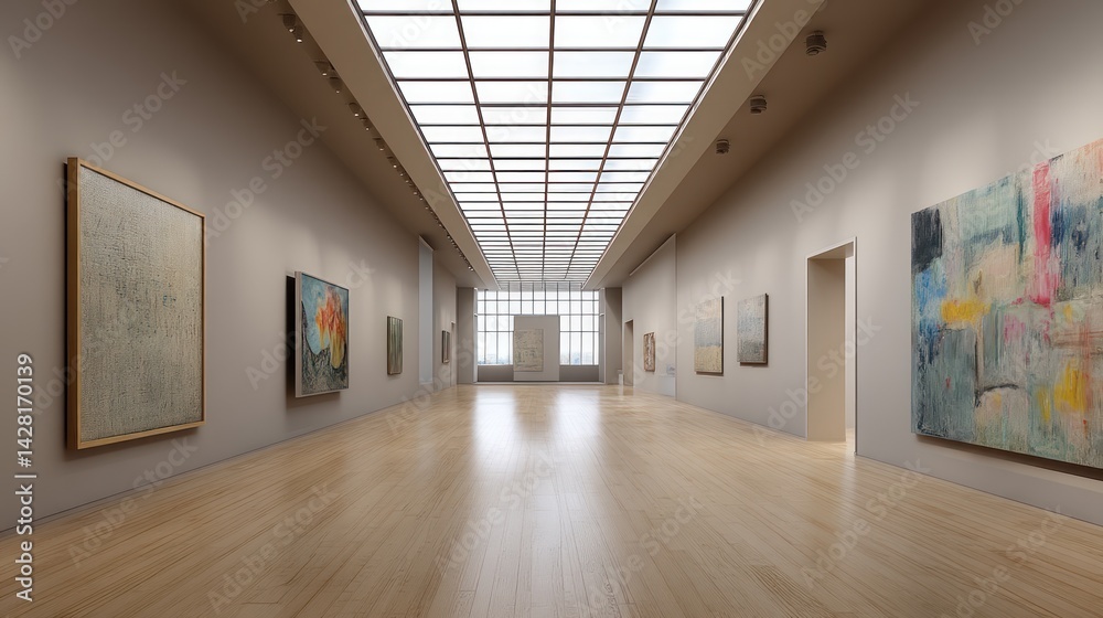 Spacious museum gallery displaying abstract art. Spacious museum gallery displaying abstract art.