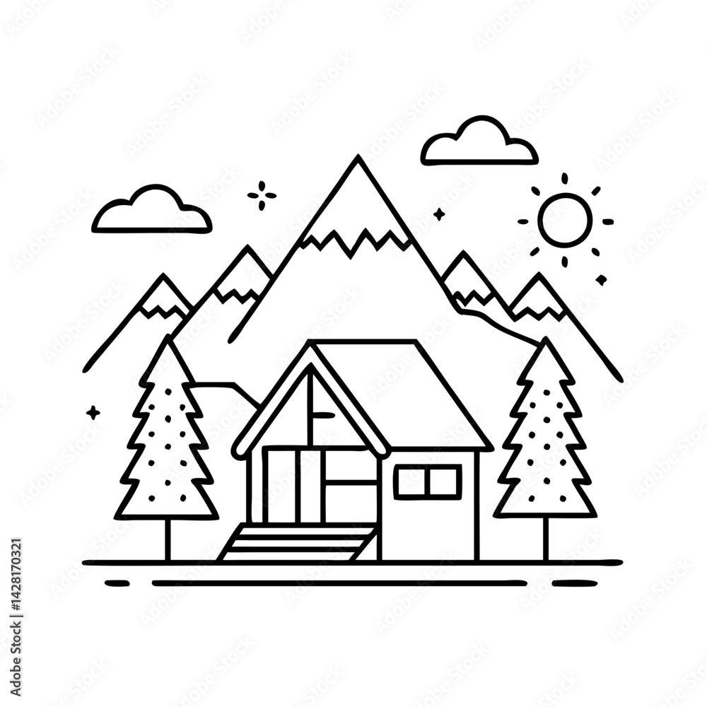 Fototapeta premium mountain cabin icon, mountain cabin line art - simple line art of mountain cabin, perfect for mountain cabin logos and icons
