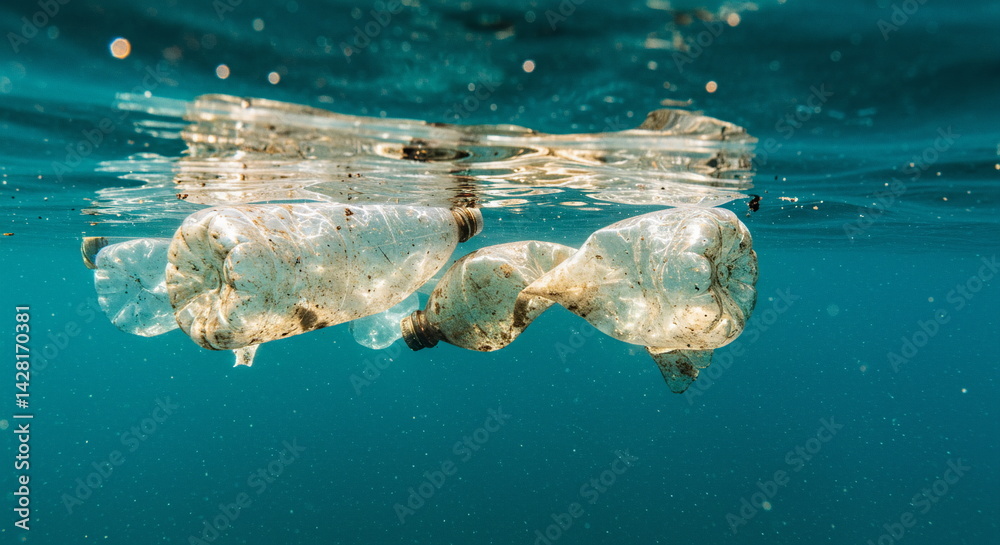 Obraz premium Plastic bottles drift beneath the surface, highlighting the unseen pollution in our oceans. A call for environmental action.