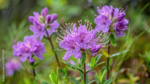 Bright purple flowers with dew in a lush green setting.